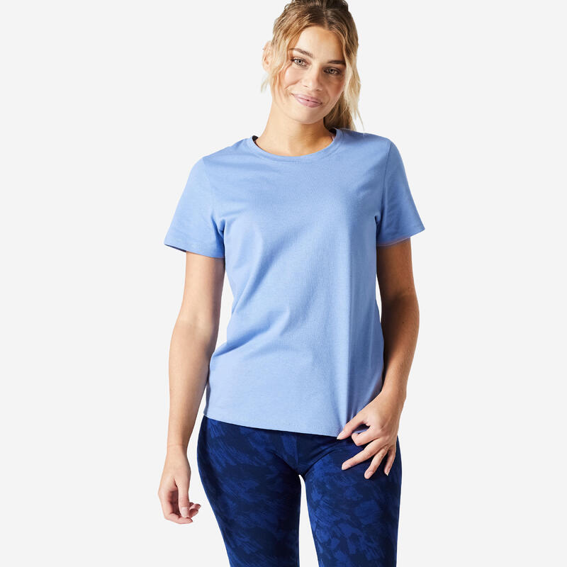 T-shirt donna fitness 500 ESSENTIALS regular 100% cotone azzurra