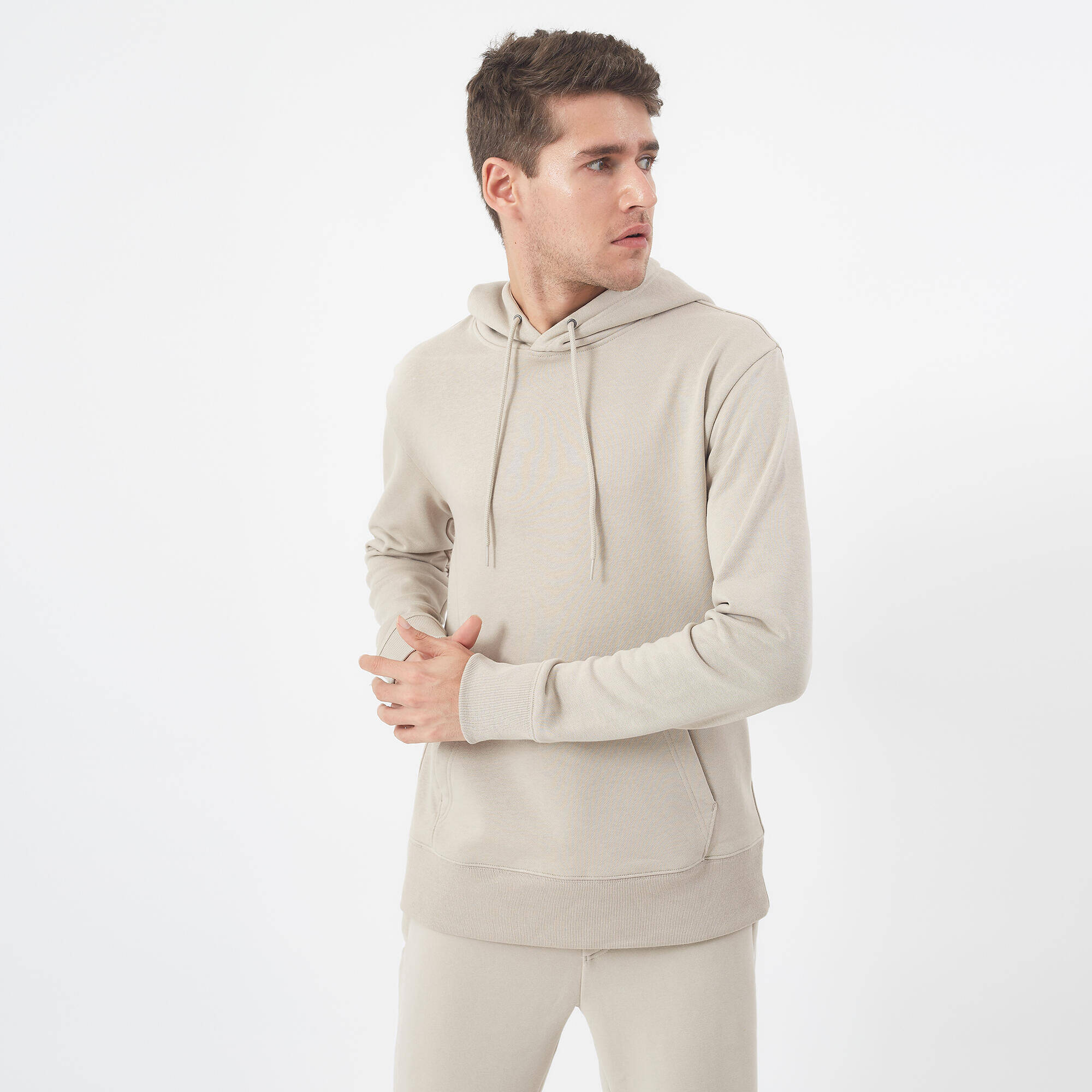 Men Gym Hoodie Sweatshirt 500 Essentials – Soft, Stretchable, Warm – Beige