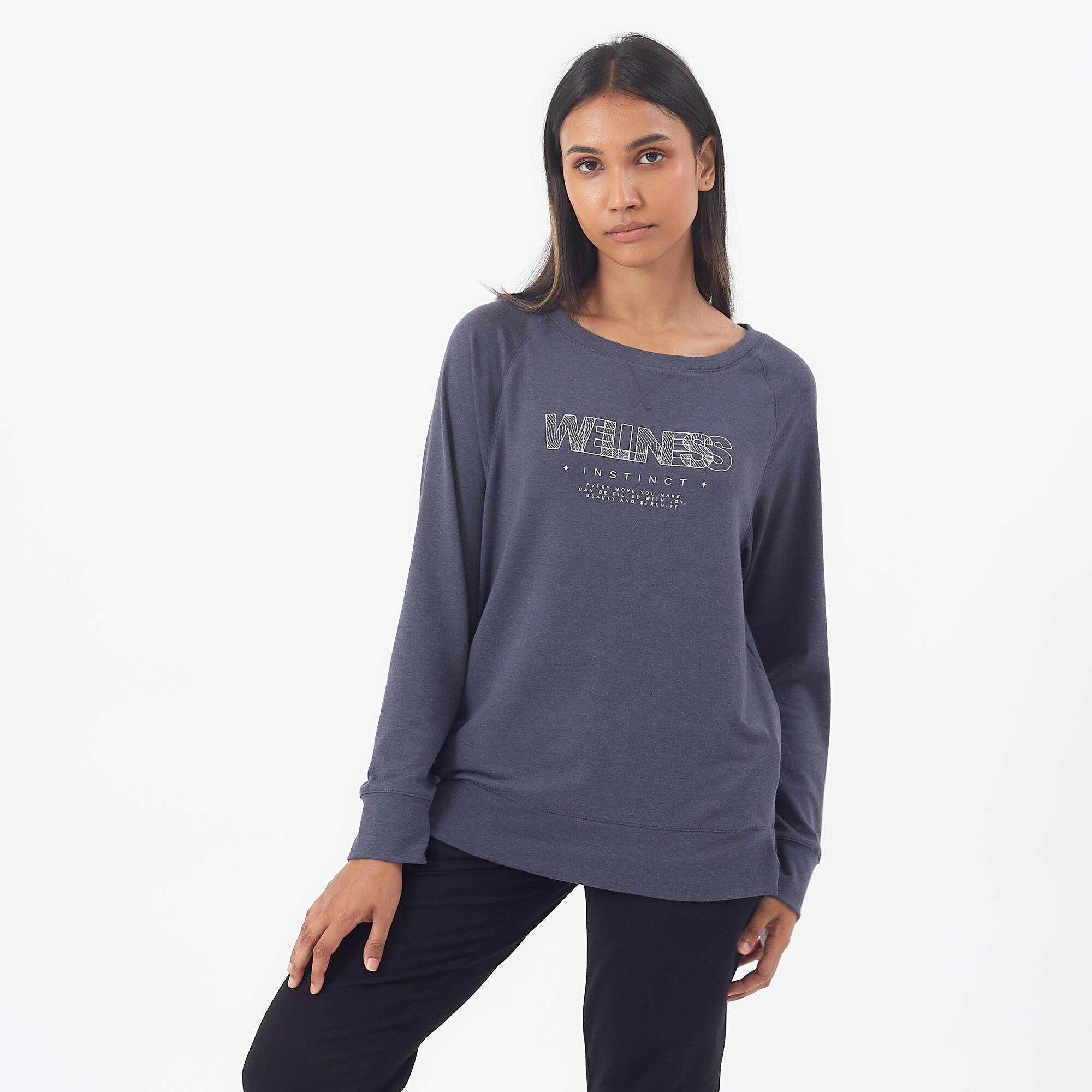 Women's Gym Cotton Blend Long Sleeve Tshirt Regular fit 500Grey/Blue