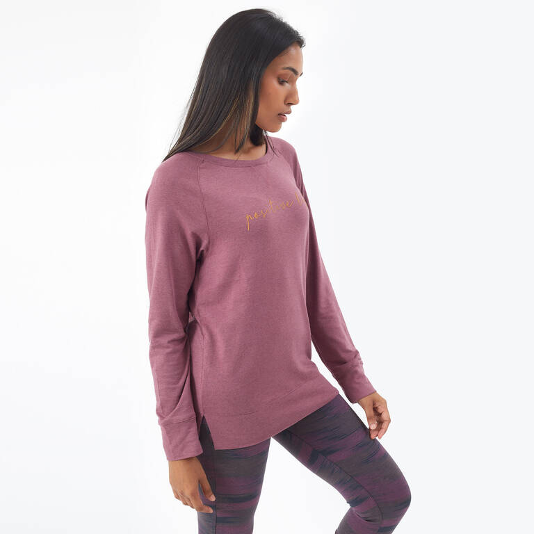Women's Long-Sleeved Straight-Cut Crew Neck Cotton Fitness T-Shirt 500 - Purple