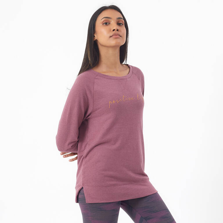 Women's Long-Sleeved Straight-Cut Crew Neck Cotton Fitness T-Shirt 500 - Purple