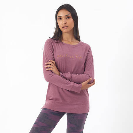 Women's Long-Sleeved Straight-Cut Crew Neck Cotton Fitness T-Shirt 500 - Purple