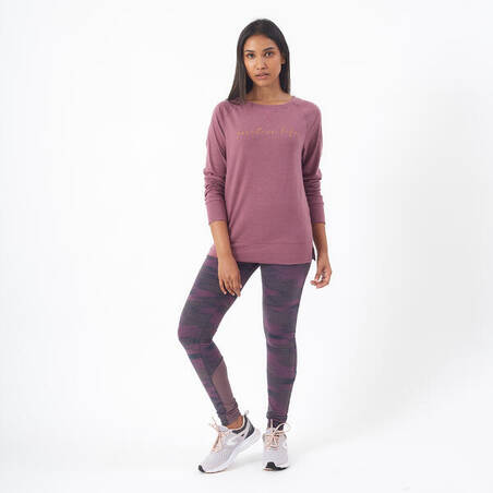 Women's Long-Sleeved Straight-Cut Crew Neck Cotton Fitness T-Shirt 500 - Purple