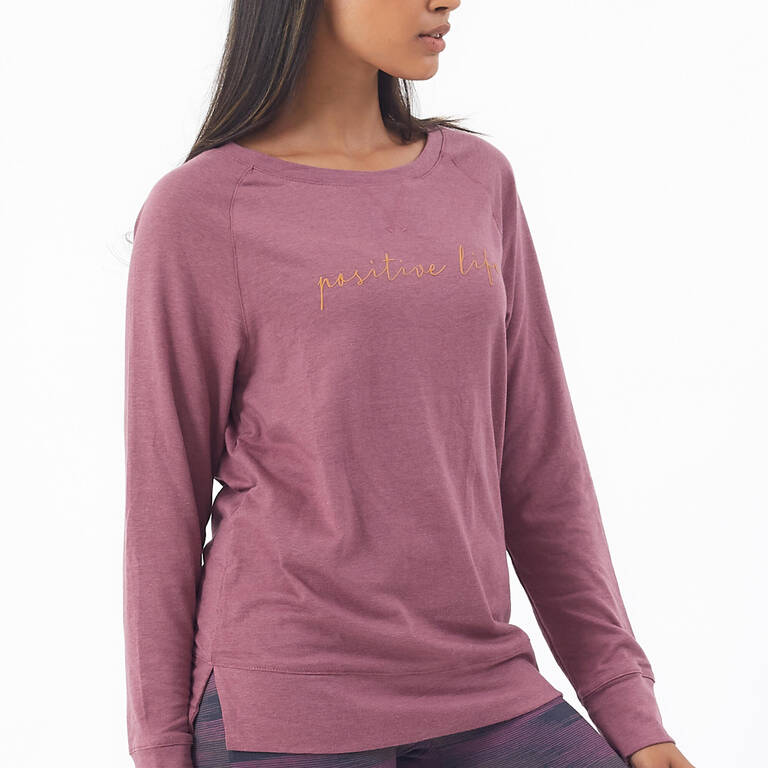 Women's Long-Sleeved Straight-Cut Crew Neck Cotton Fitness T-Shirt 500 - Purple