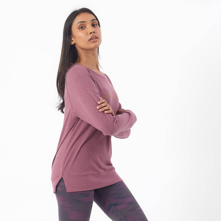 Women's Long-Sleeved Straight-Cut Crew Neck Cotton Fitness T-Shirt 500 - Purple