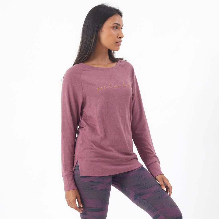 Women's Long-Sleeved Straight-Cut Crew Neck Cotton Fitness T-Shirt 500 - Purple