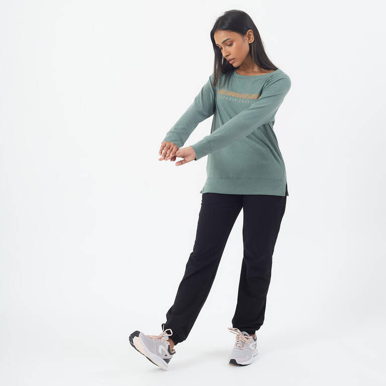 Women's Long-Sleeved Crew Neck Straight Stretchy Cotton Fitness T-shirt - Green