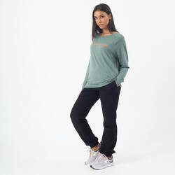 Women's Long-Sleeved Crew Neck Straight Stretchy Cotton Fitness T-shirt - Green