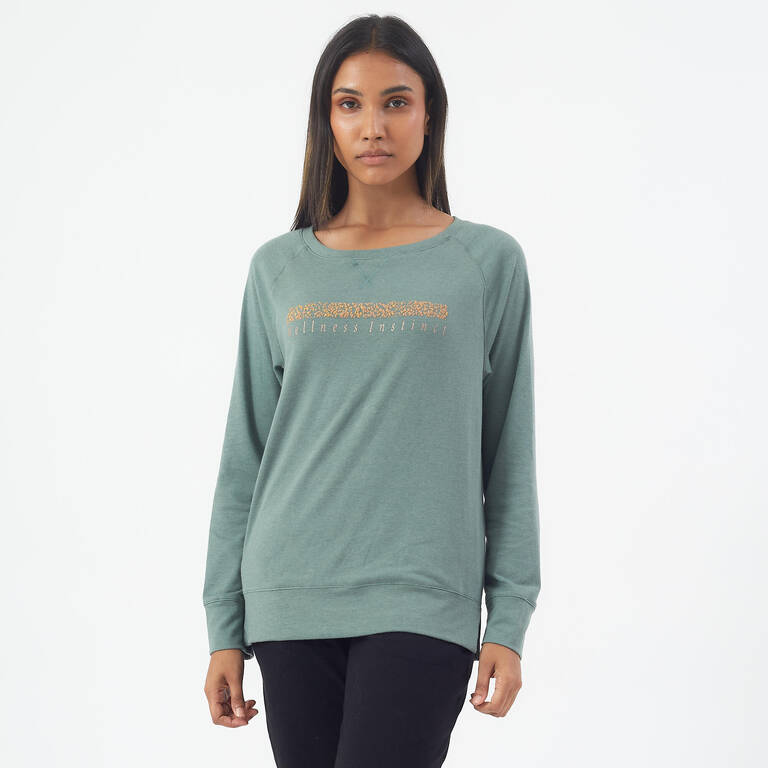 Women's Long-Sleeved Crew Neck Straight Stretchy Cotton Fitness T-shirt - Green