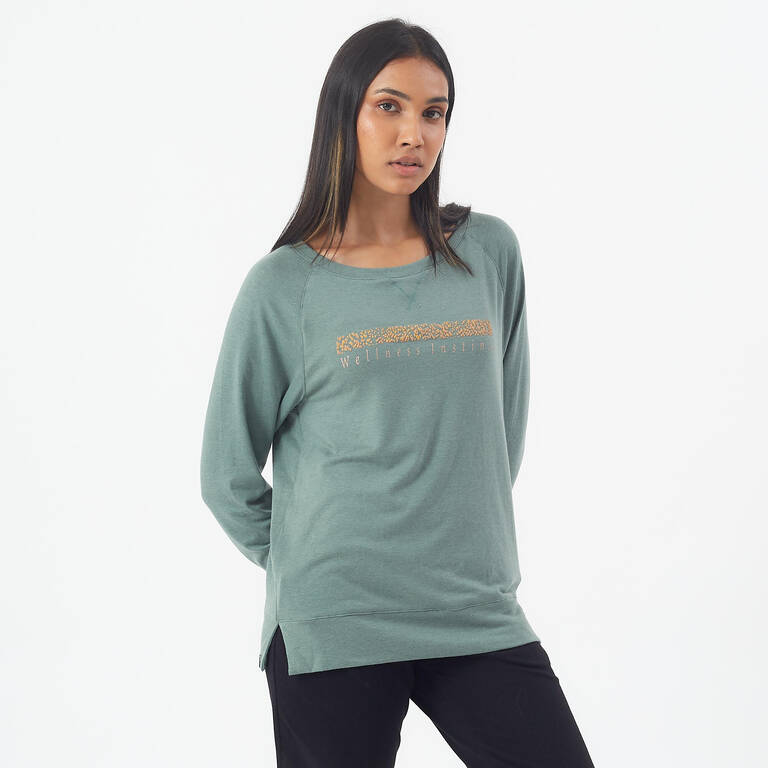 T-shirt Fitness Wanita Katun Lengan Panjang Potongan Straight Crew Neck  - Hijau