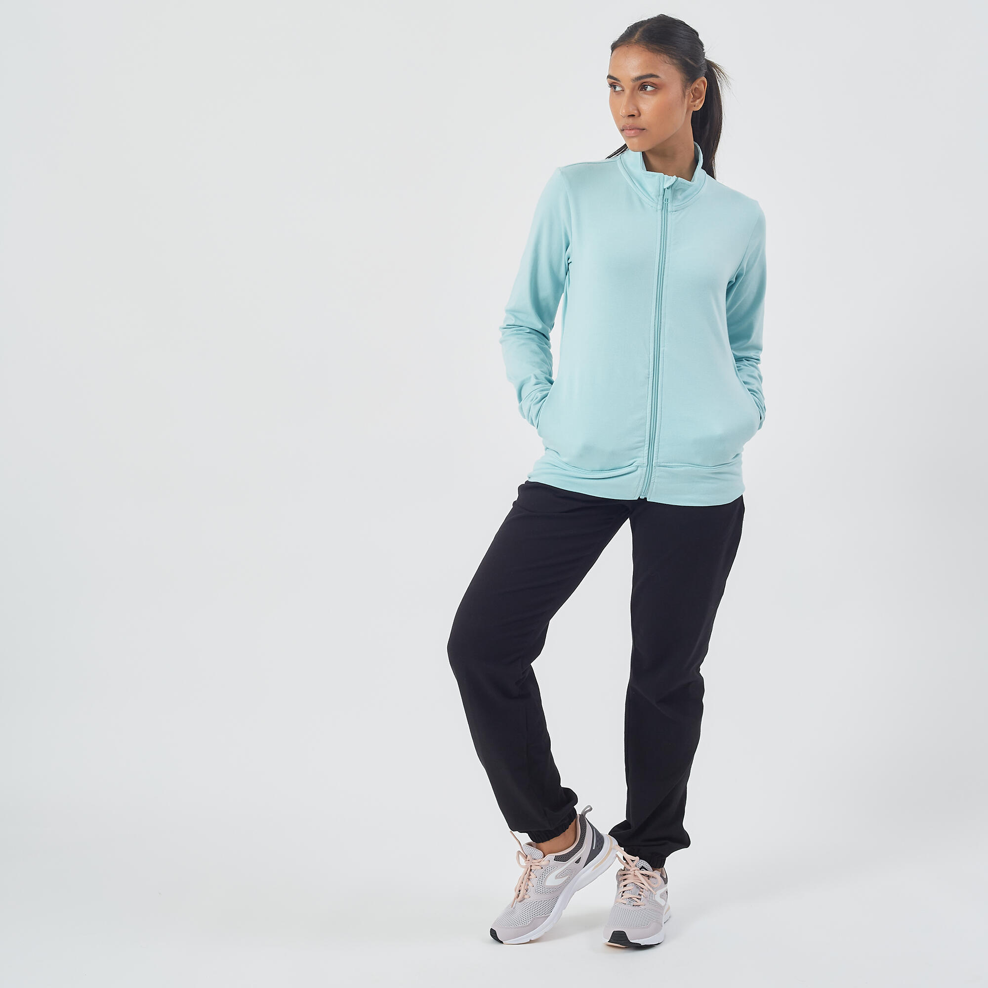 100 Women's Pilates & Gentle Gym Jacket - Light Blue 5/8