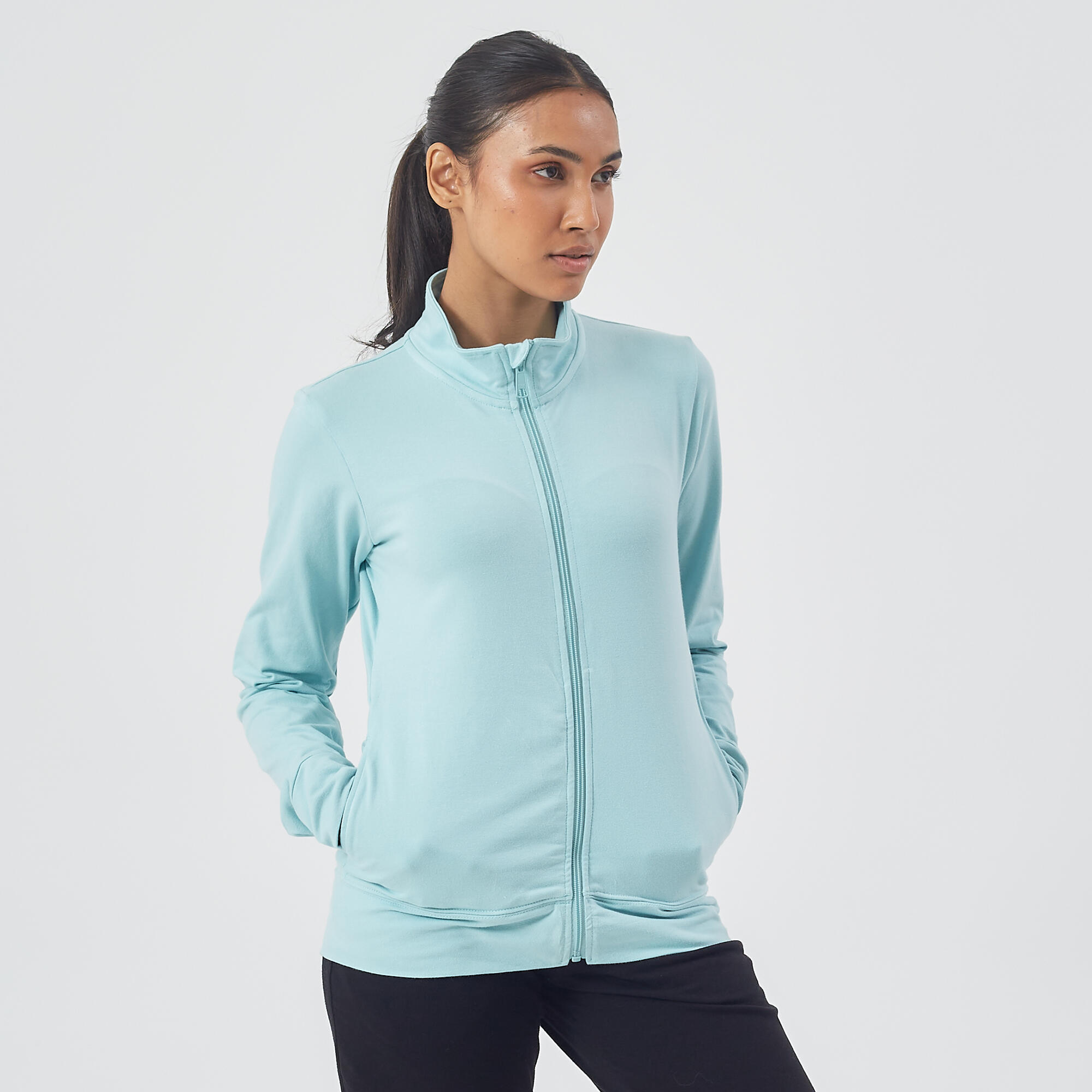 100 Women's Pilates & Gentle Gym Jacket - Light Blue 3/8