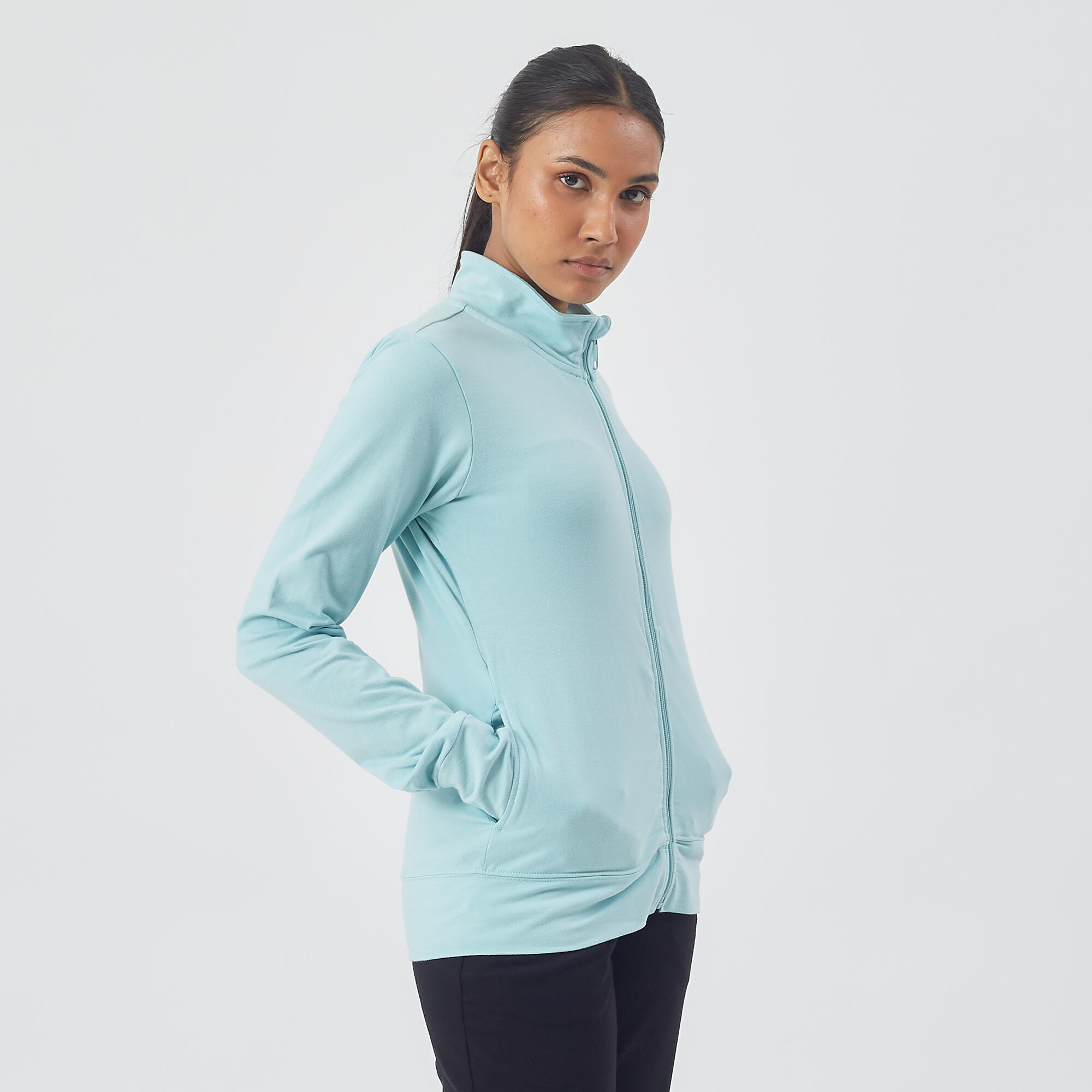 100 Women's Pilates & Gentle Gym Jacket - Light Blue 2/8