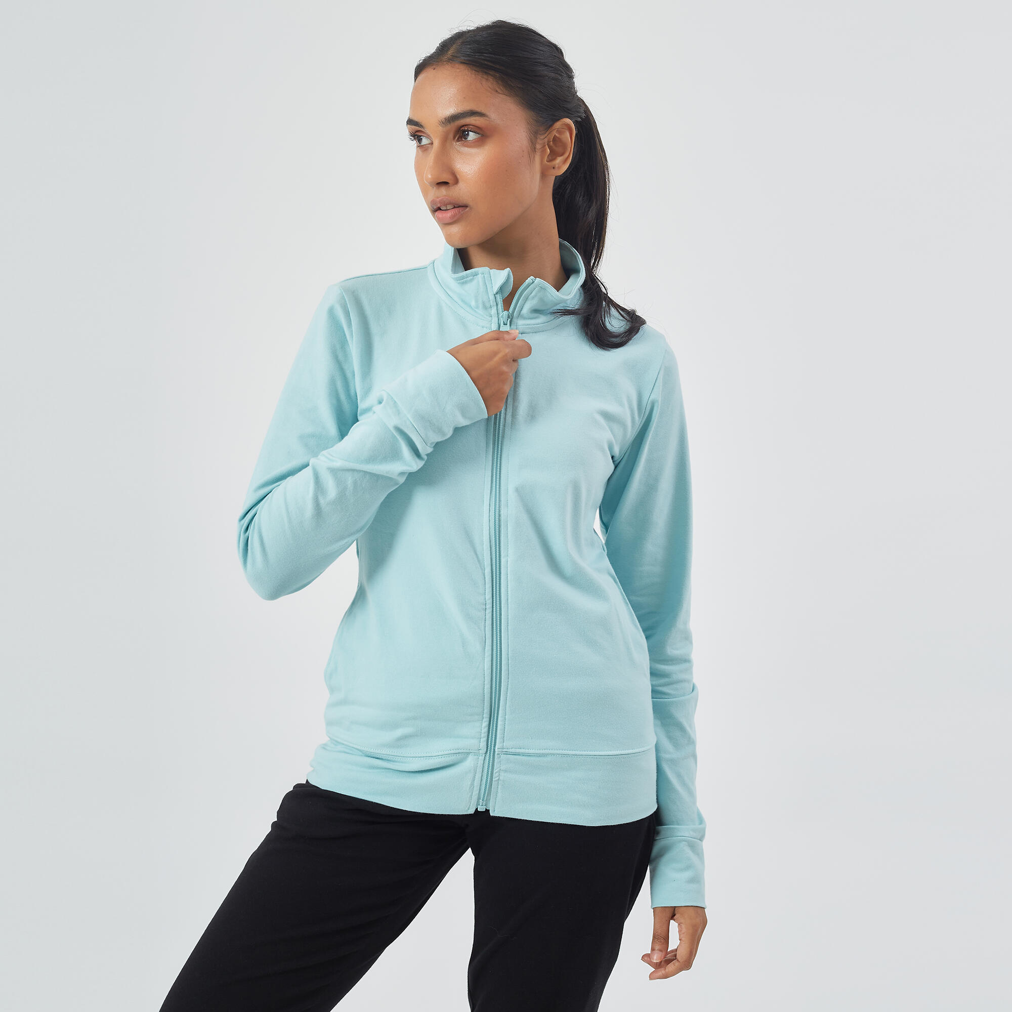 100 Women's Pilates & Gentle Gym Jacket - Light Blue 1/8