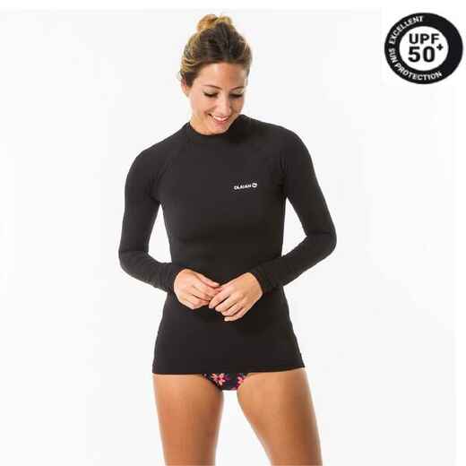 Playera de surf anti-UV de manga larga negra para mujer