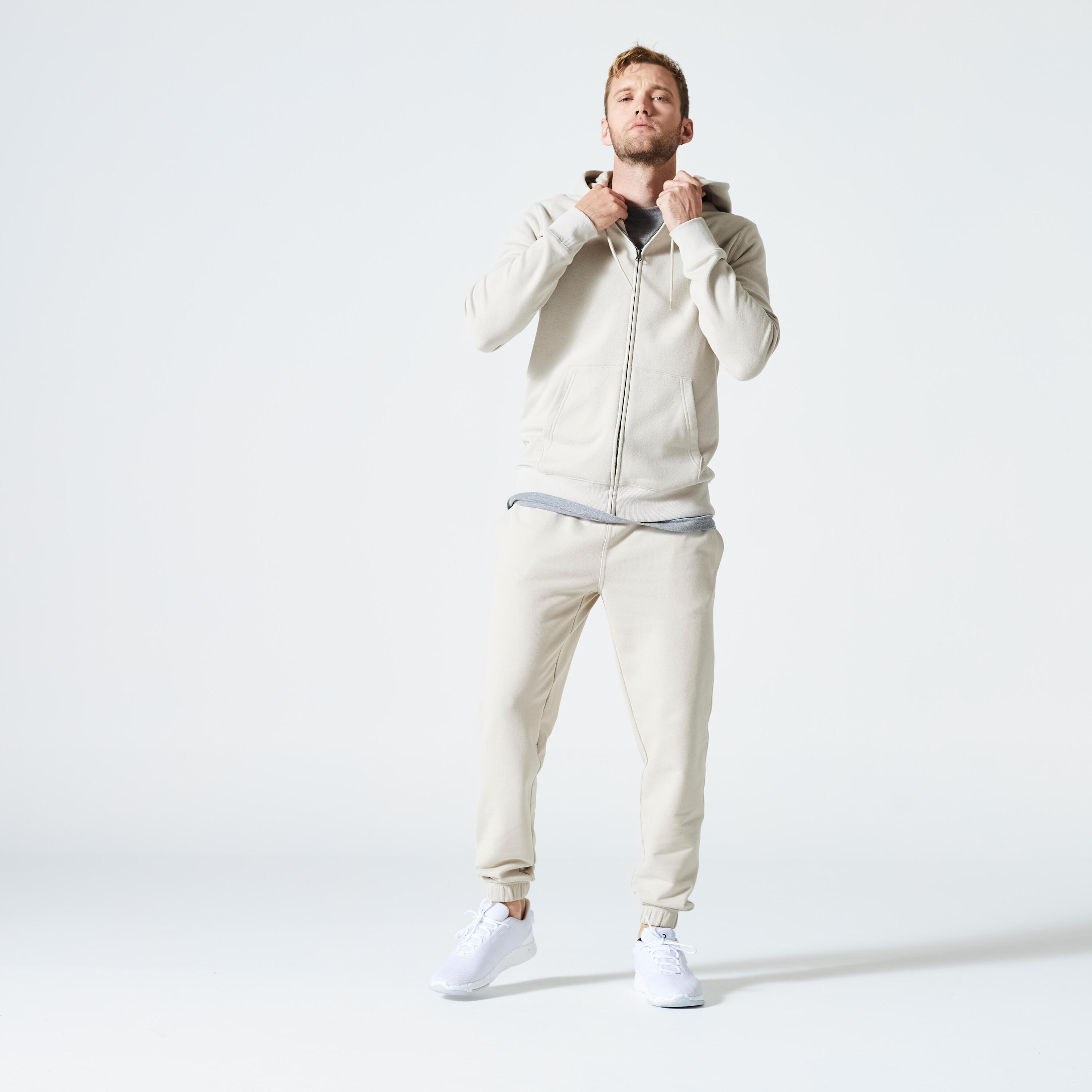 Men's Zip-Up Fitness Hoodie 500 Essentials - Linen Grey 2/5
