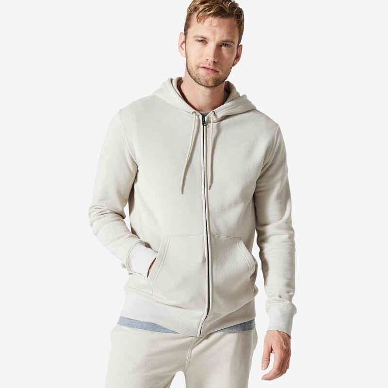 Men's Zip-Up Fitness Hoodie 500 Essentials - Linen Grey