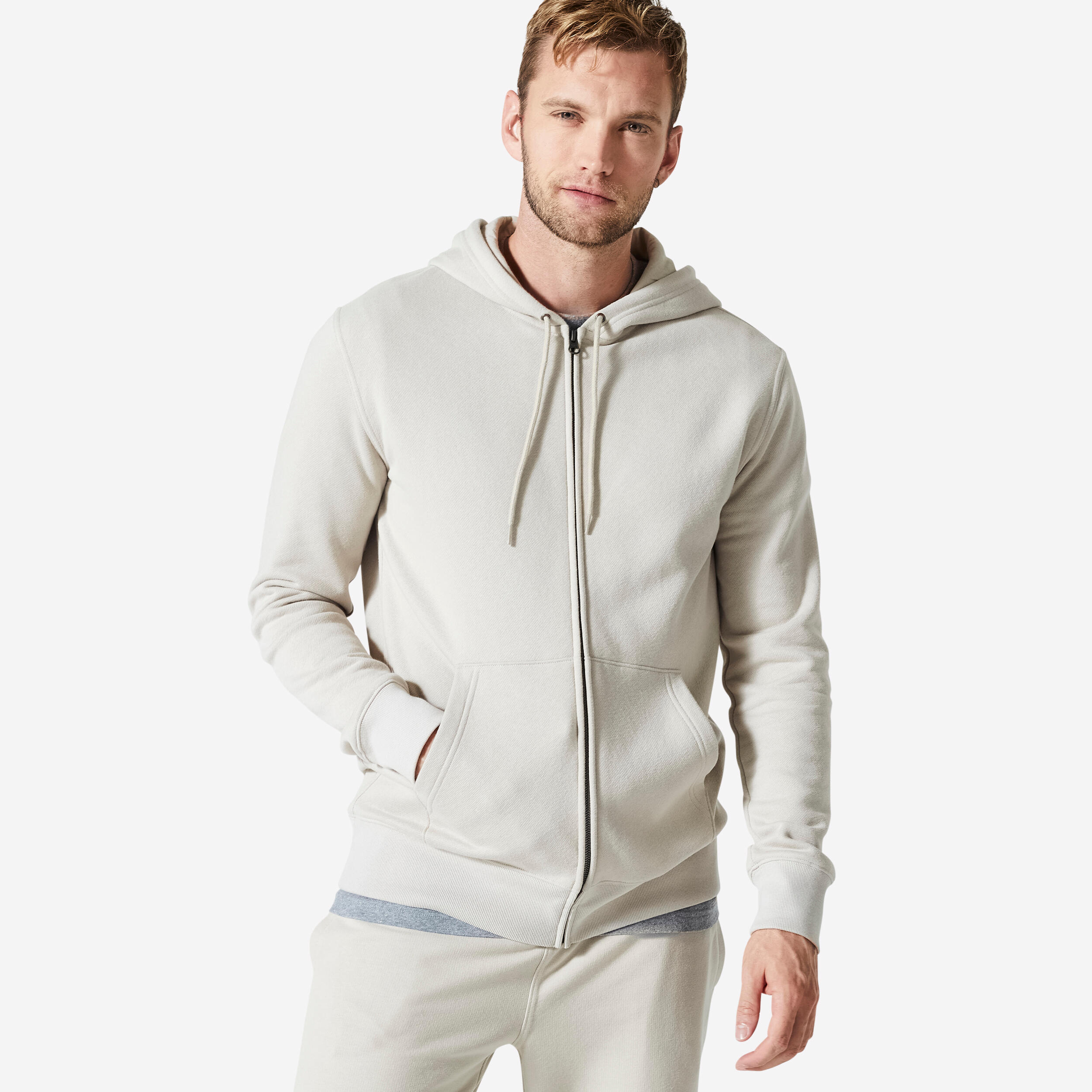 Men's Fitness Hooded Sweatshirt - 500 Essentials Linen Grey