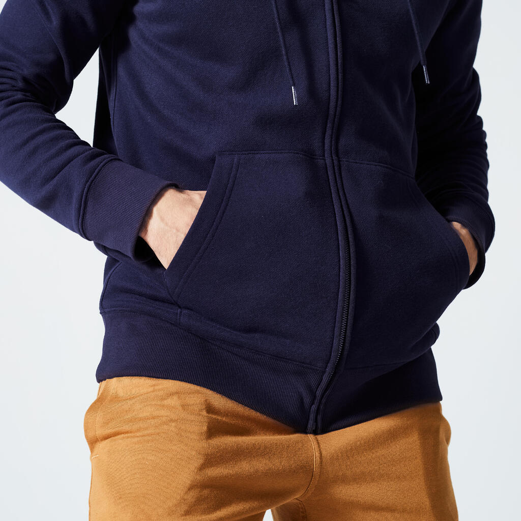 Sweat zippé à capuche de fitness en molleton homme, bleu noir