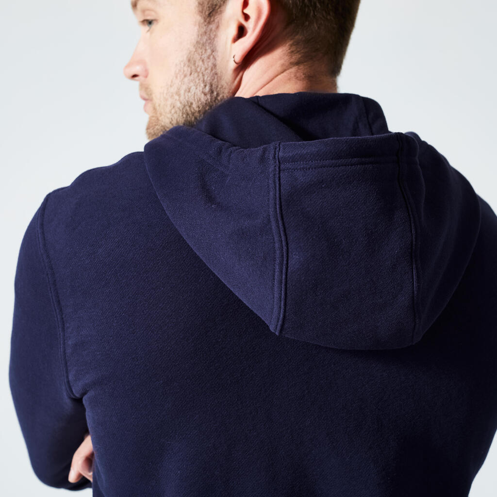 Sweat zippé à capuche de fitness en molleton homme, bleu noir