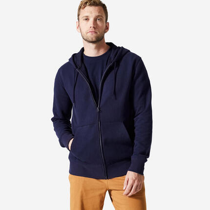 Sweat zippé à capuche de fitness en molleton homme, bleu noir