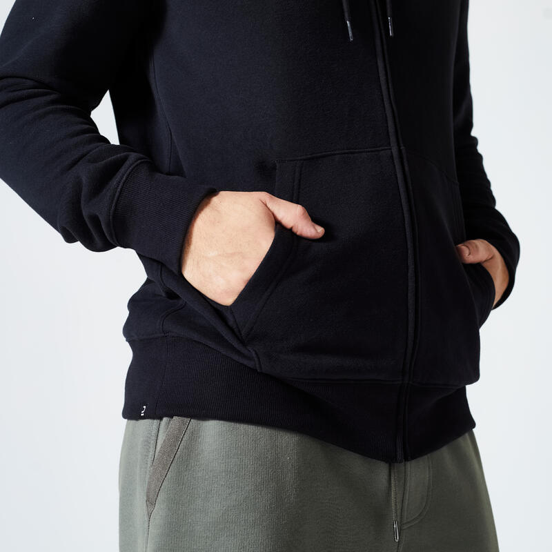 Erkek Siyah Fermuarlı Kapüşonlu Sweatshirt - 500 Essentials - Fitness