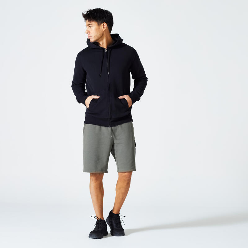 Erkek Siyah Fermuarlı Kapüşonlu Sweatshirt - 500 Essentials - Fitness