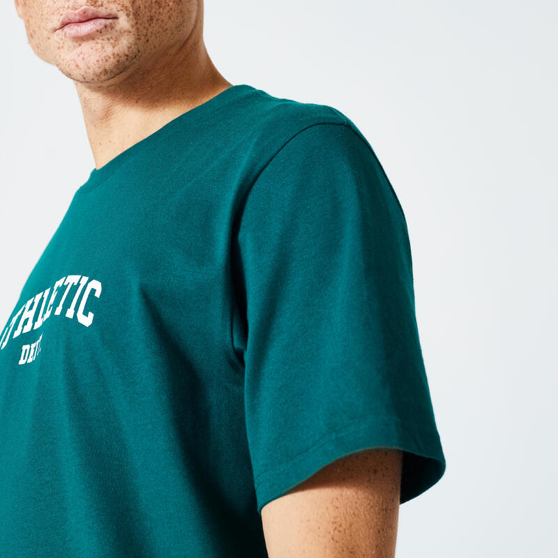 T-shirt uomo palestra 500 ESSENTIALS regular fit 100% cotone verde stampata