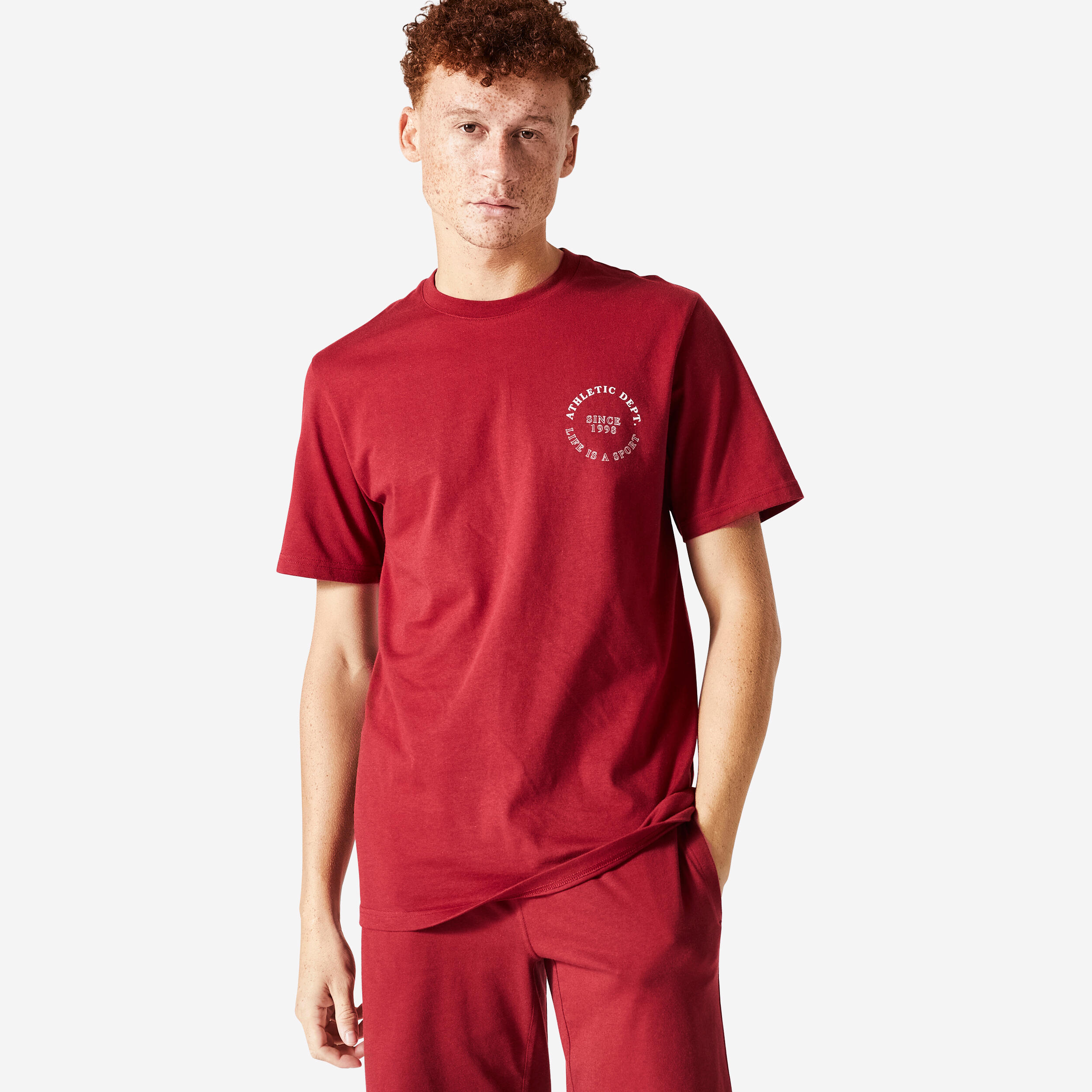 DOMYOS Men's Fitness T-Shirt 500 Essentials - Burgundy Red Print