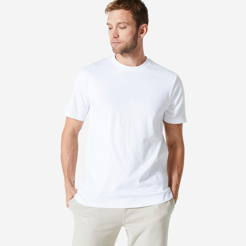 T-shirt bianca uomo palestra 500 ESSENTIALS regular fit 100% cotone DOMYOS