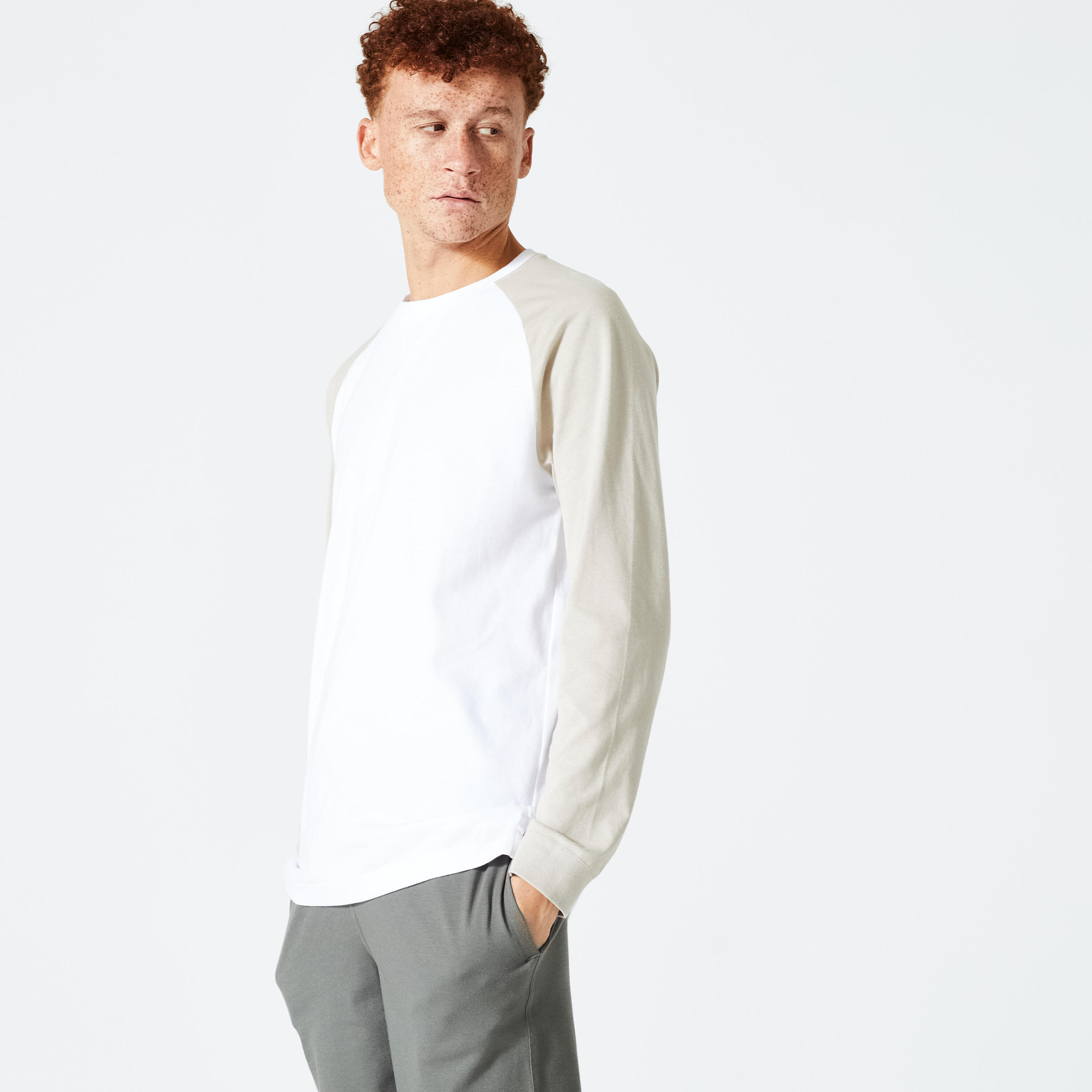 DOMYOS Men's Long-Sleeved Fitness T-Shirt 520 - White/Beige