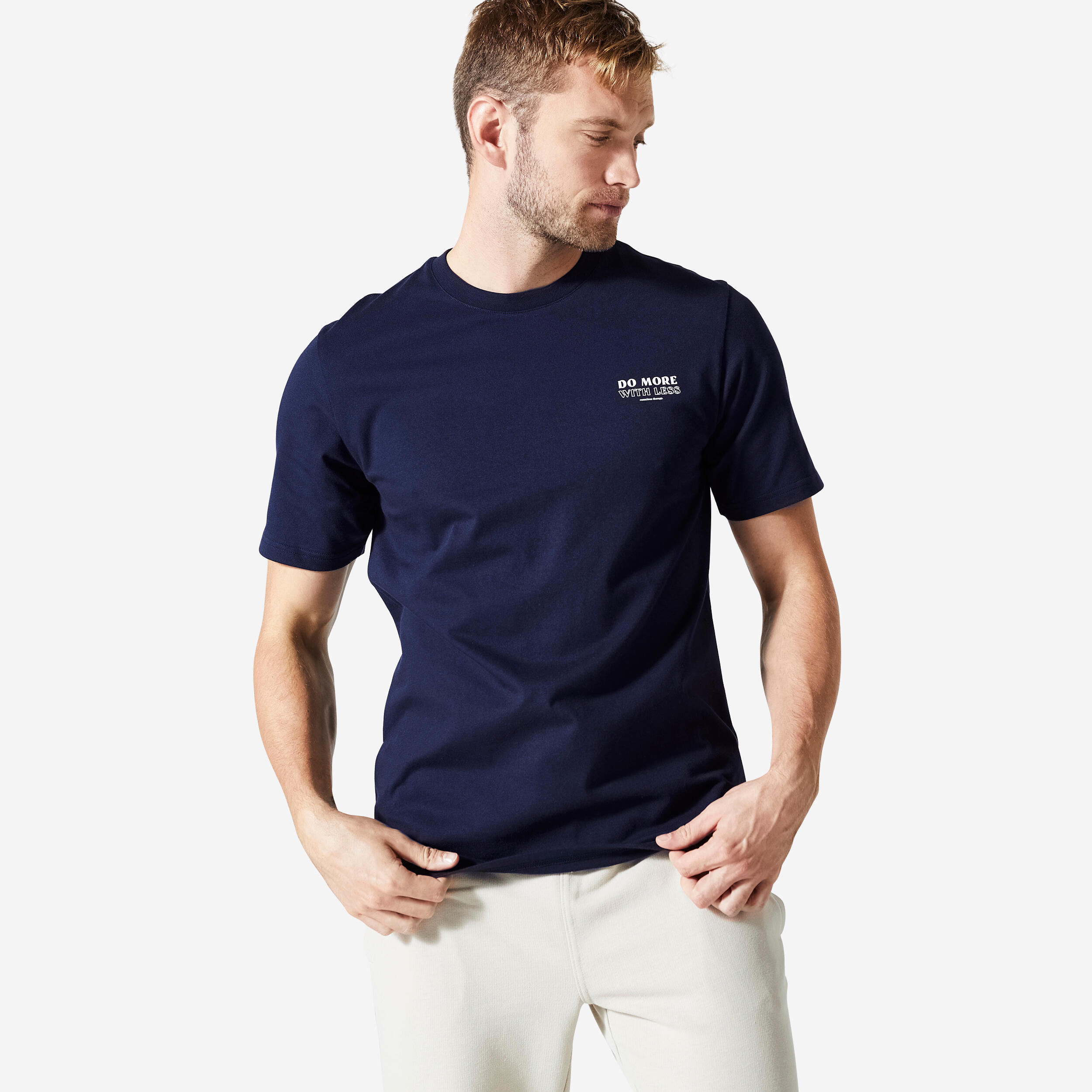 Men s Regular Cotton Fitness T Shirt Blue Black DOMYOS Decathlon