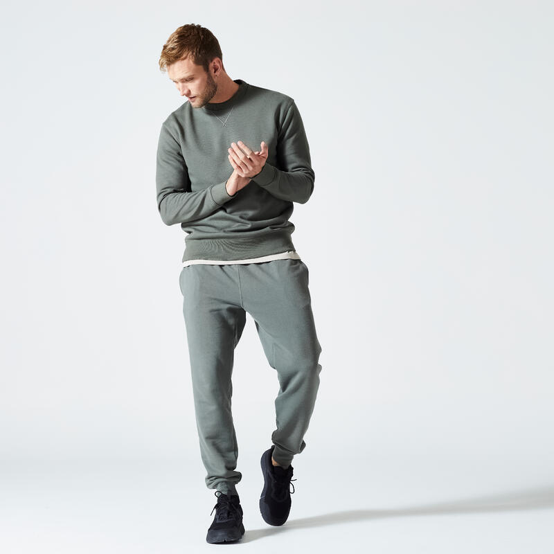 Erkek Yeşil/Haki Sweatshirt Crew 500 Essentials - Fitness