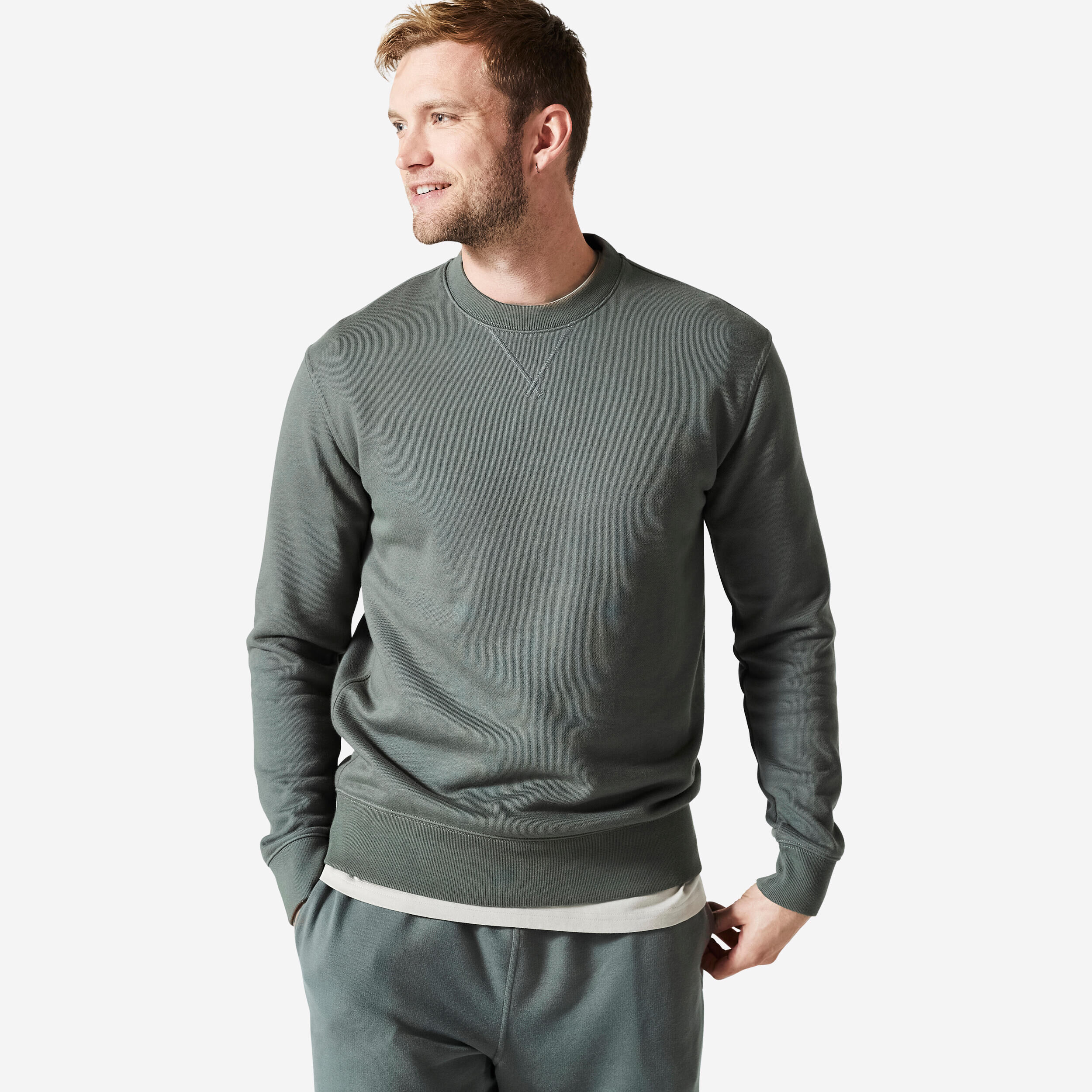 DOMYOS Men's Crew Neck Fitness Sweatshirt 500 Essentials - Khaki Green