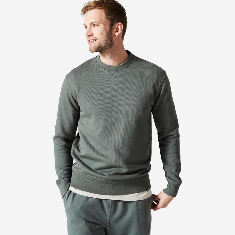 Fitness sweater heren 500 Essentials crewneck kakigroen