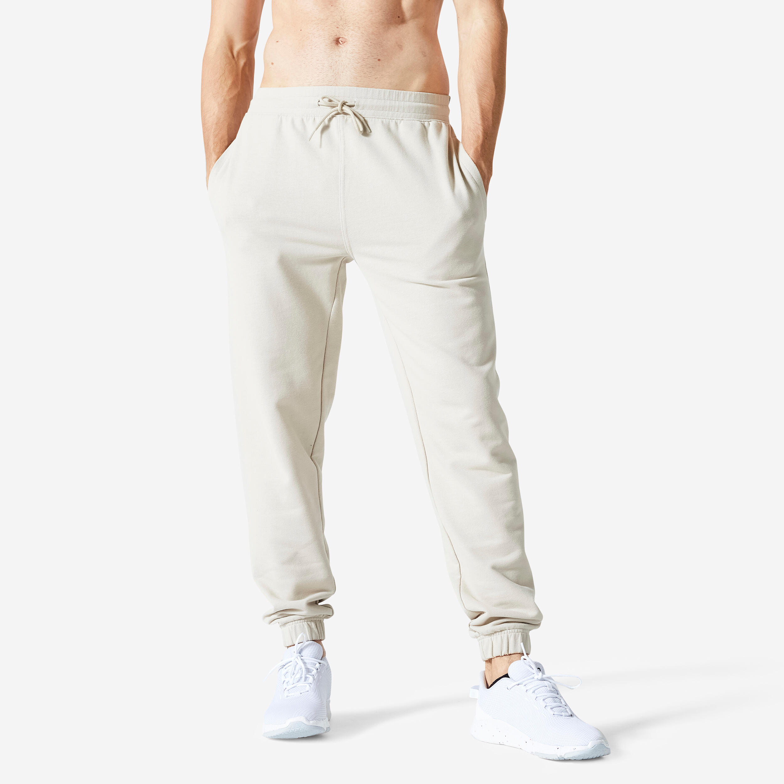 Men s Fitness Jogging Bottoms 500 Linen Grey