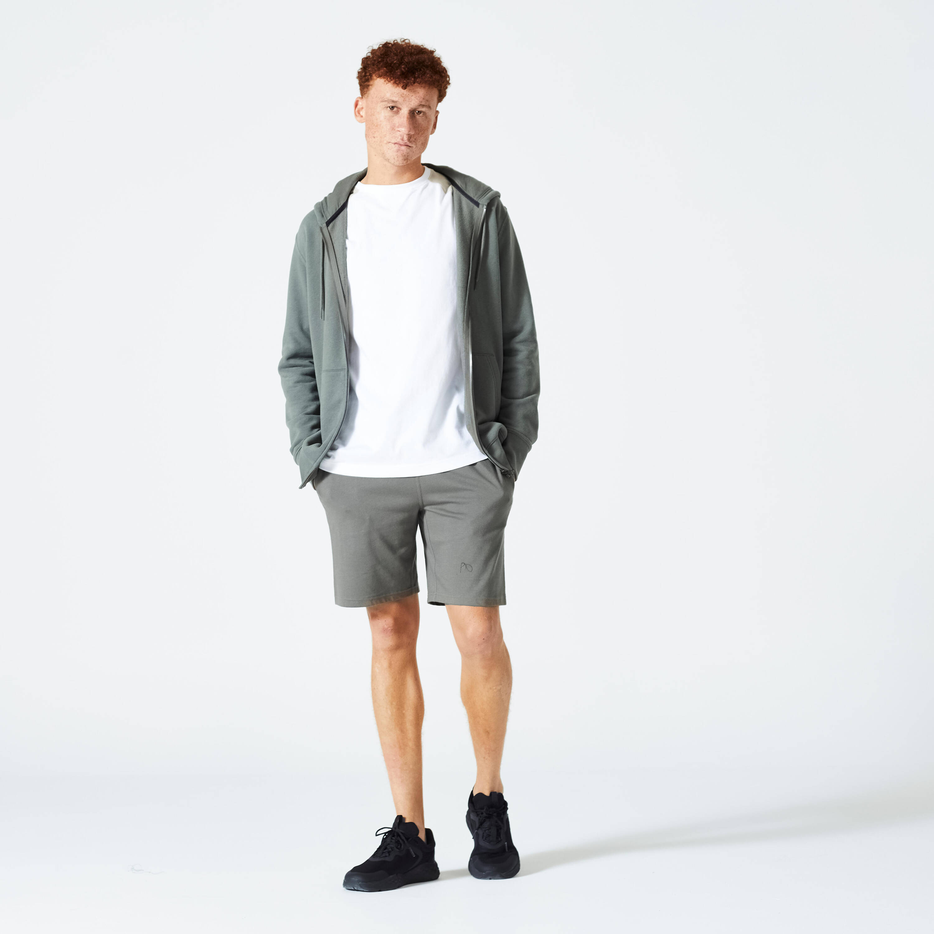 Men Fleece Hoodie, Full Zipped - Khaki -  2