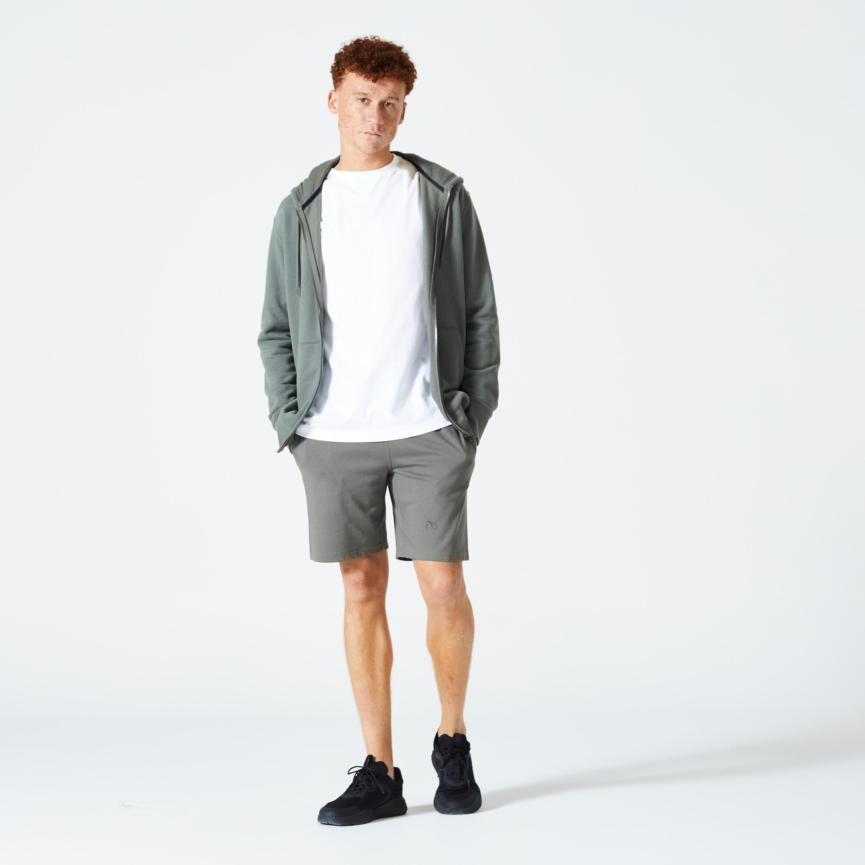 Felpa uomo palestra con cappuccio e zip pesante verde militare 2/5