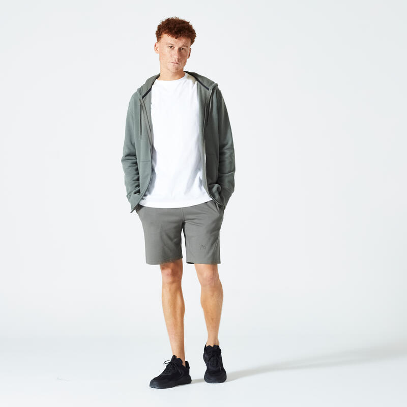 Sweat zippé à capuche de fitness en molleton homme, vert kaki