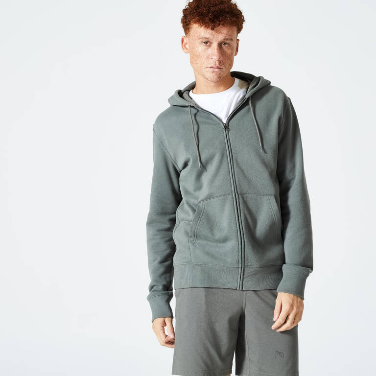 Men Sweatshirt With Hood and Zip Fleece Lined 500 For Gym-Grey Khaki