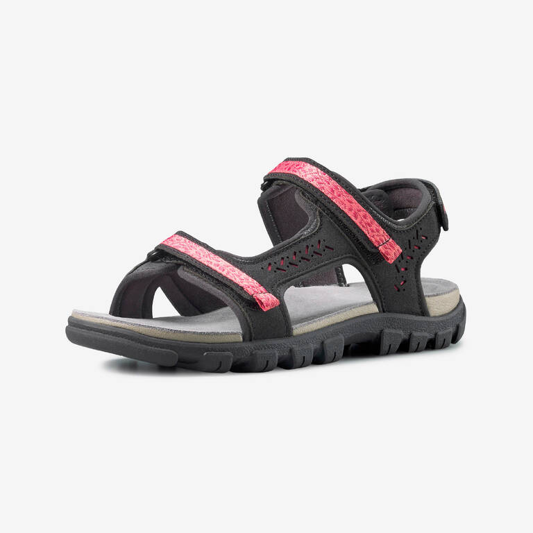 Women Leather Sports Sandals with Velcro Strap Black Pink - NH500