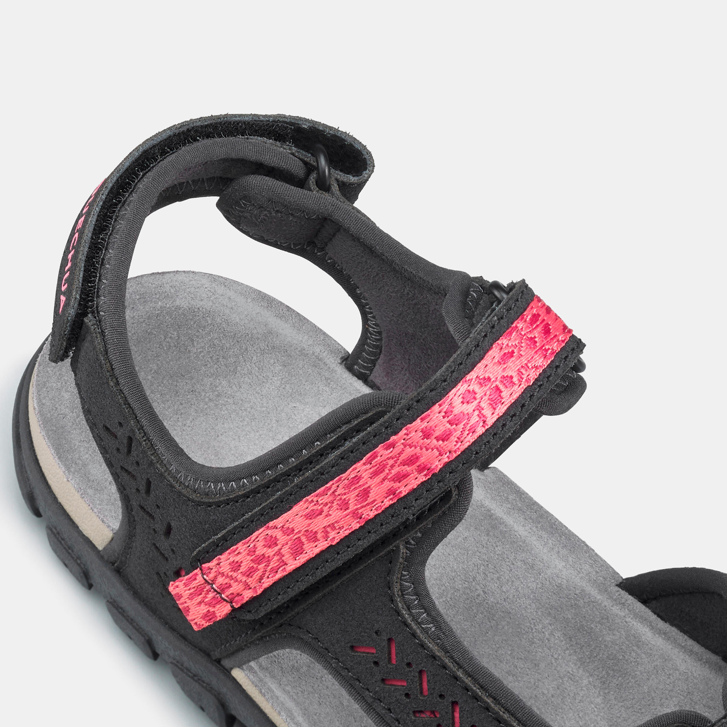 Women Leather Sports Sandals with Velcro Strap Black Pink - NH500