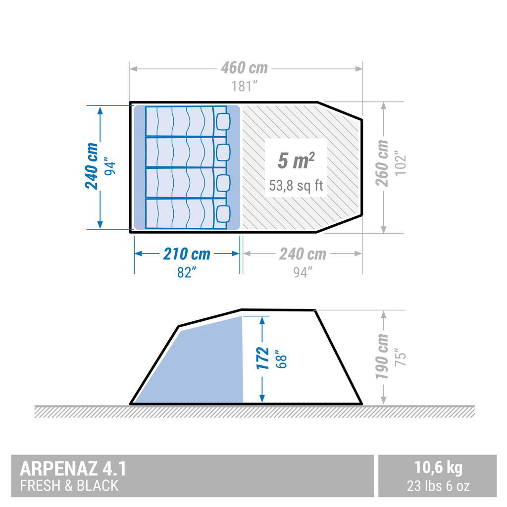 Kempingový prútový stan Arpenaz 4.1 F&B pre 4 osoby s 1 spálňou