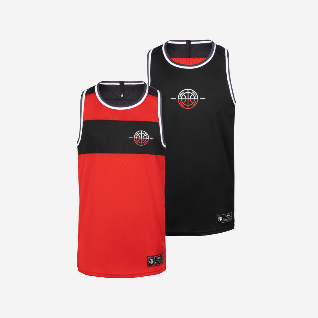 Bērnu basketbola krekls bez piedurknēm T500R, melns/sarkans