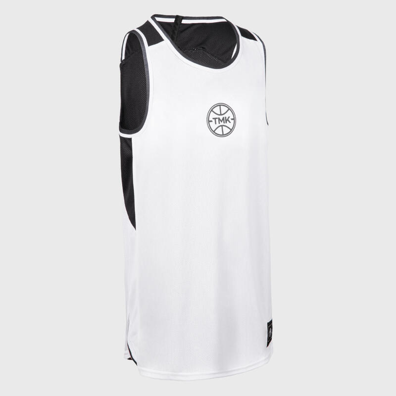 Omkeerbaar mouwloos basketbalshirt voor kinderen T500R zwart/wit