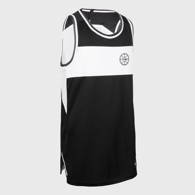 Omkeerbaar mouwloos basketbalshirt voor kinderen T500R zwart/wit