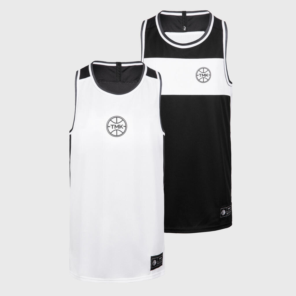 Bērnu abpusējais basketbola džersijs bez piedurknēm “T500R”, melns/balts
