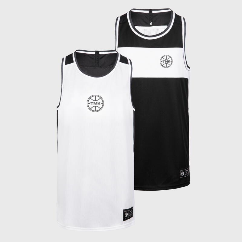 Omkeerbaar mouwloos basketbalshirt voor kinderen T500R zwart/wit