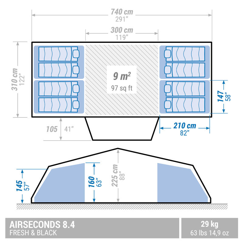 Tenda de Campismo Insuflável - Air Seconds 8.4 F&B - 8 Pessoas - 4 Quartos