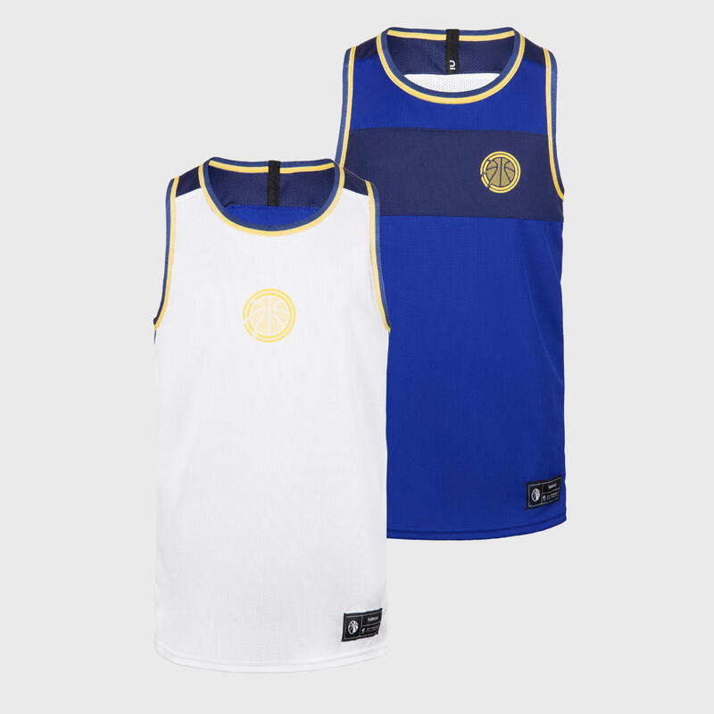 Çocuk Çift Taraflı Kolsuz Basketbol Forması - Beyaz/Mavi - T500R